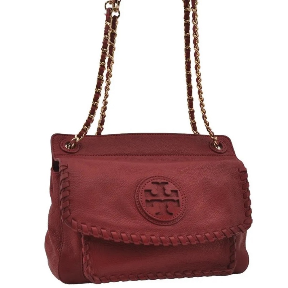 Authentic TORY BURCH Marion Chain Shoulder Hand Bag Purse Leather Red 2473I